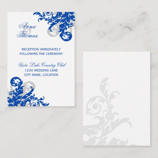 ブルー王室のシルバーフローリッシュウェディングレセプション エンクロージャーカード (正面/裏面)