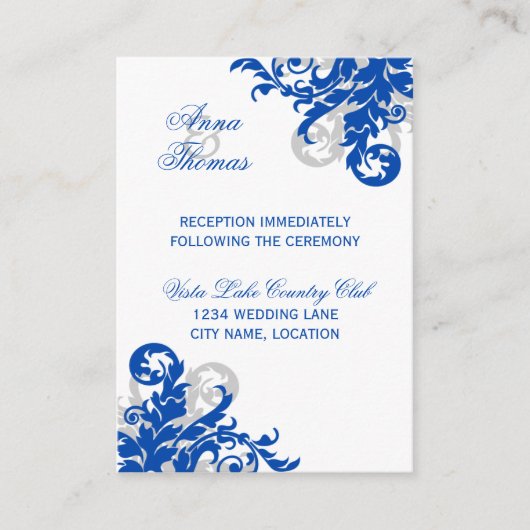 ブルー王室のシルバーフローリッシュウェディングレセプション エンクロージャーカード (正面)