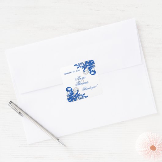 ブルー王室のシルバーフローリッシュ結婚式の引き出物シール スクエアシール (封筒)