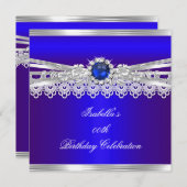 ブルー王室のシルバーホワイトパールレースフローラ誕生日 招待状 (正面/裏面)