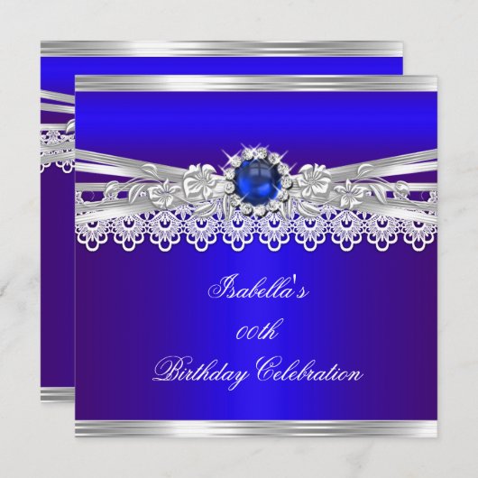 ブルー王室のシルバーホワイトパールレースフローラ誕生日 招待状 (正面/裏面)