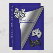 ブルー王室のシルバーSweet sixteen仮装パーティー 招待状 (正面/裏面)