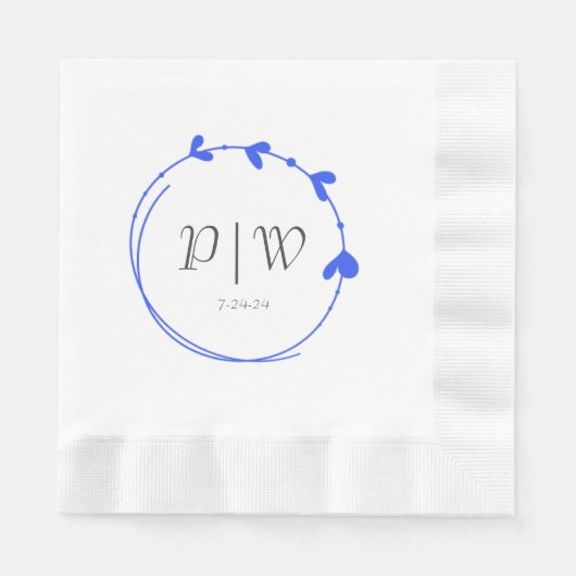 ブルー王室のシンプルハートリースモノグラム結婚ズ 縁ありランチョンナプキン (正面)