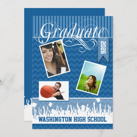 ブルー王室のジグザグシニアクラス写真 案内状 (正面/裏面)