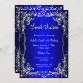 ブルー王室のスウィート16シルバーパールダマスクパーティー 招待状 (正面/裏面)
