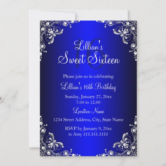 ブルー王室のスウィート16シルバーパールダマスク 招待状 (正面)