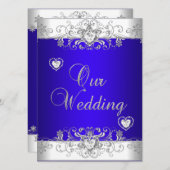 ブルー王室のス結婚シルバーダイヤモンドハート 招待状 (正面/裏面)