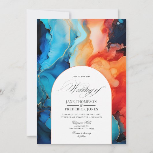 ブルー王室のターコイズ&コーラルアルコールインクズ結婚ズ 招待状 (正面)