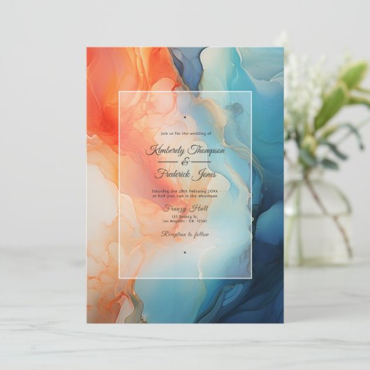 ブルー王室のターコイズ&コーラルアルコールインクズ結婚ズ 招待状 (スタンド正面)