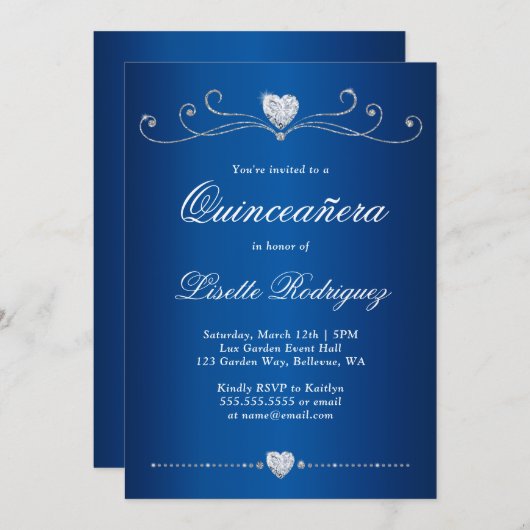 ブルー王室のダイヤモンドスワールエレガントキンセアニェラ 招待状 (正面/裏面)