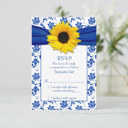 ブルー王室のダマスクサンフラワーウェディングRSVPカード 出欠カード (スタンド正面)