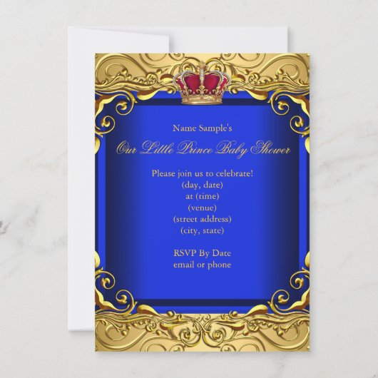 ブルー王室のダマスク金ゴールドクラウンベビーシャワーボーイ4 招待状 (裏面)