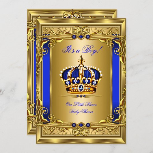 ブルー王室のダマスク金ゴールドクラウンベビーシャワーボーイbg5 招待状 (正面/裏面)