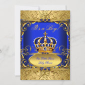 ブルー王室のダマスク金ゴールドクラウンベビーシャワーボーイRB2 招待状 (正面)
