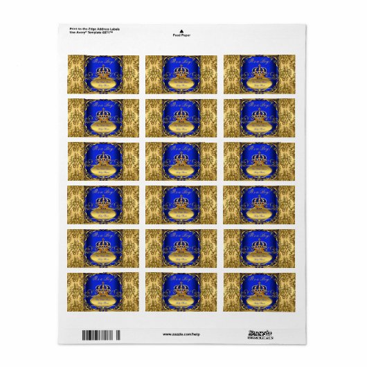 ブルー王室のダマスク金ゴールドクラウンベビーシャワーボーイRB3 ラベル (フルシート)