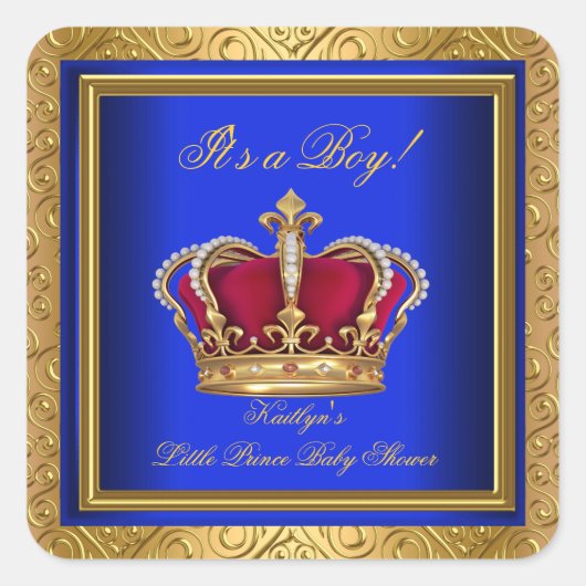 ブルー王室のダマスク金ゴールドベイビーシャワーボーイレギュアル スクエアシール (正面)