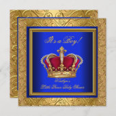 ブルー王室のダマスク金ゴールドベイビーシャワーボーイレギュアル 招待状 (正面/裏面)
