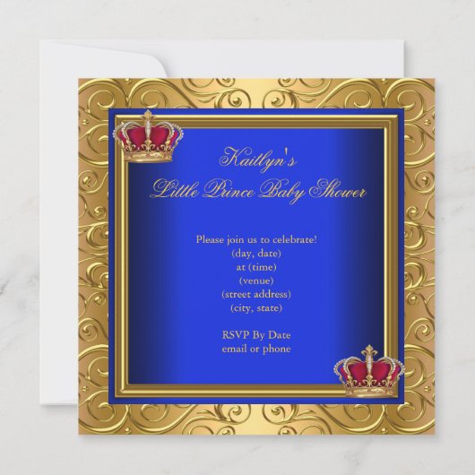 ブルー王室のダマスク金ゴールドベイビーシャワーボーイレギュアル 招待状 (裏面)