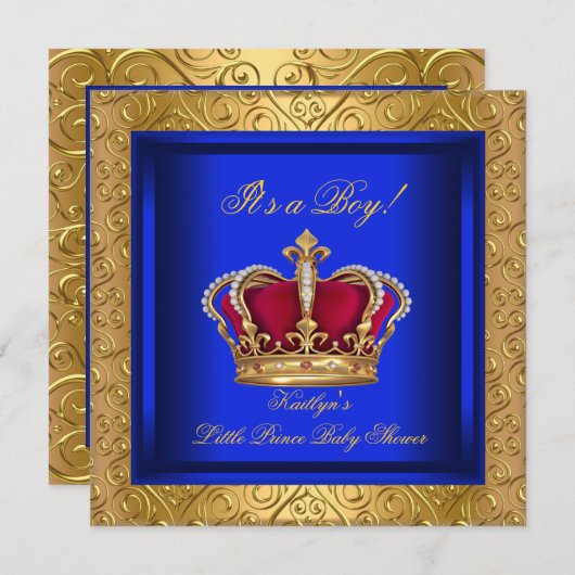 ブルー王室のダマスク金ゴールドベイビーシャワーボーイ 招待状 (正面/裏面)