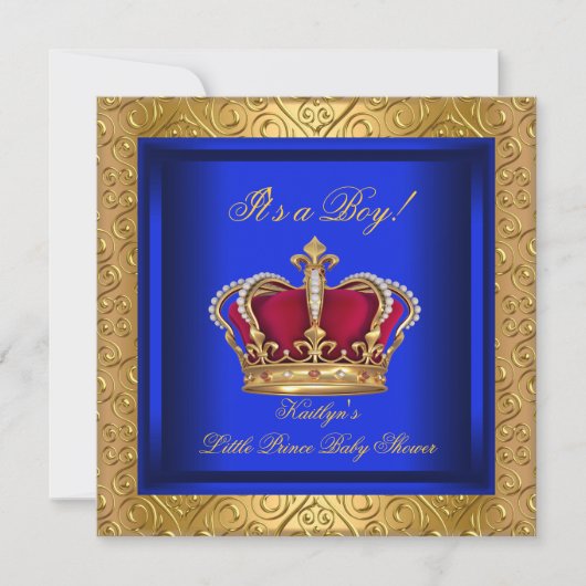 ブルー王室のダマスク金ゴールドベイビーシャワーボーイ 招待状 (正面)