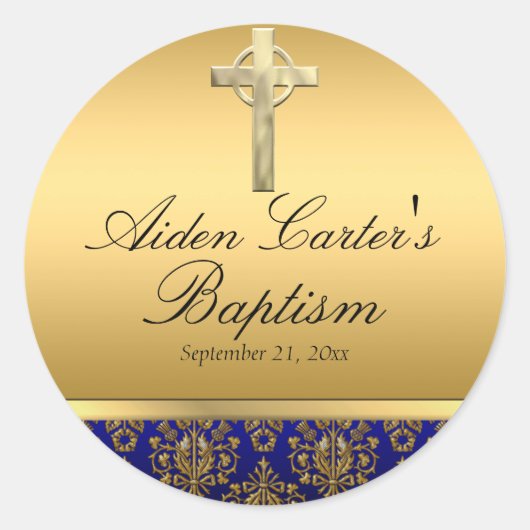 ブルー王室のダマスク&クロスバプティスステッカー ラウンドシール (正面)