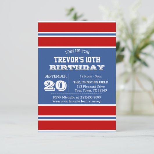 ブルー王室のチ赤と白ーム誕生日招待状 招待状 (スタンド正面)