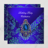 ブルー王室のティール(緑がかった色)ダマスクフローラ誕生日パーティー 招待状 (正面/裏面)