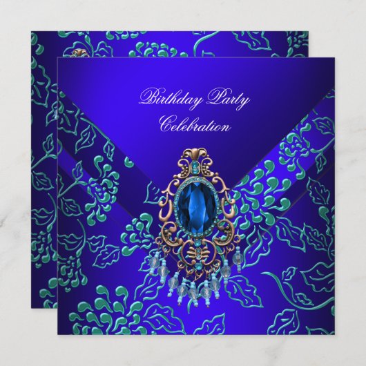 ブルー王室のティール（緑がかった色）ダマスクフローラ誕生日パーティー 招待状 (正面/裏面)