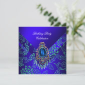 ブルー王室のティール(緑がかった色)ダマスクフローラ誕生日パーティー 招待状 (スタンド正面)