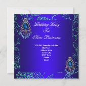ブルー王室のティール(緑がかった色)ダマスクフローラ誕生日パーティー 招待状 (裏面)