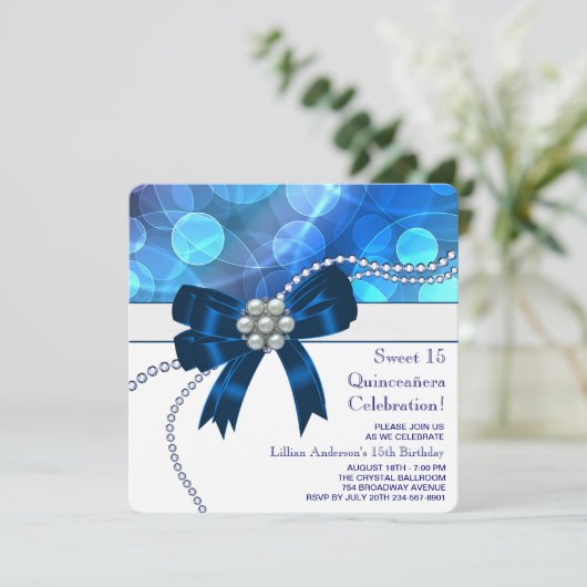 ブルー王室のティール(緑がかった色)ブルーバースデーパーティー 招待状 (スタンド正面)