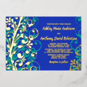 ブルー王室のティール（緑がかった色）実在金箔フローラ結婚ズ 箔招待状 (正面)