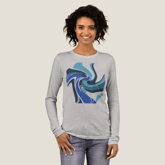 ブルー王室のティール(緑がかった色)渦巻き抽象芸術花模様 トライブレンドTシャツ (正面全体)