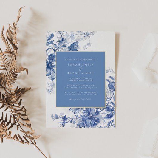 ブルー王室のトワールフローラフォイル結婚式招待状 箔招待状