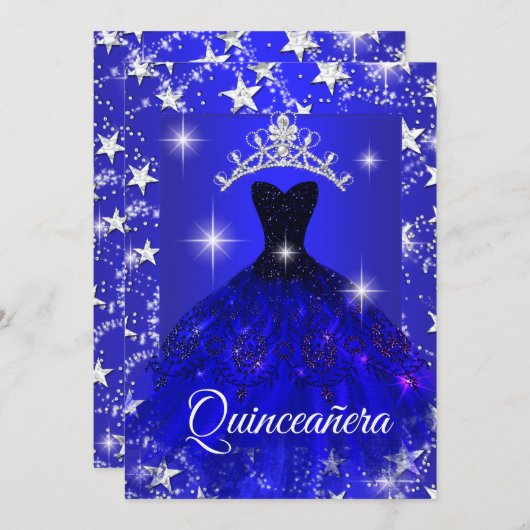 ブルー王室のドレススパークルティアラスターズキンセアニェラ 招待状 (正面/裏面)