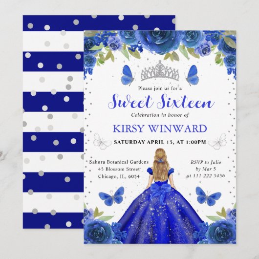 ブルー王室のドレスブロンドプリンセススウィート16 招待状 (正面/裏面)