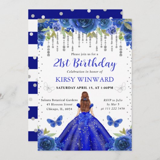 ブルー王室のドレスレッドフォールドプリンセス誕生日 招待状 (正面/裏面)