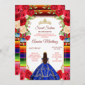 ブルー王室のドレス&カラフルスウィート16th誕生日 招待状 (正面/裏面)