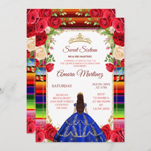 ブルー王室のドレス&カラフルスウィート16th誕生日 招待状 (正面/裏面)