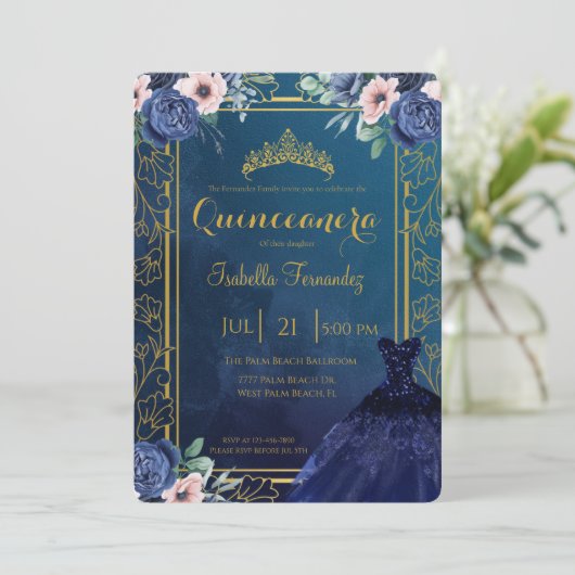 ブルー王室のネイビーバラグリッタードレスキンセアニェラ 招待状 (スタンド正面)