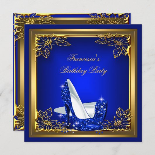 ブルー王室のハイヒールエレガントバースデーパーティー 招待状 (正面/裏面)