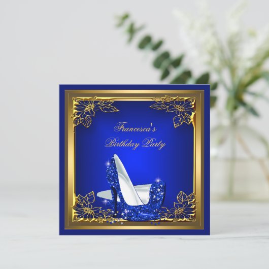 ブルー王室のハイヒールエレガントバースデーパーティー 招待状 (スタンド正面)
