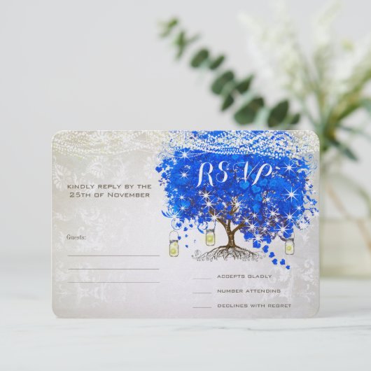ブルー王室のハートリーフツリーウェディングRSVP 出欠カード (スタンド正面)