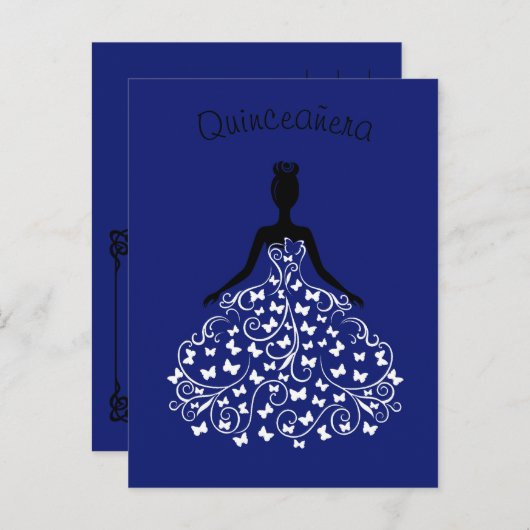 ブルー王室のバタフライガウンキンセアニェラ招待状 インビテーションポストカード (正面/裏面)