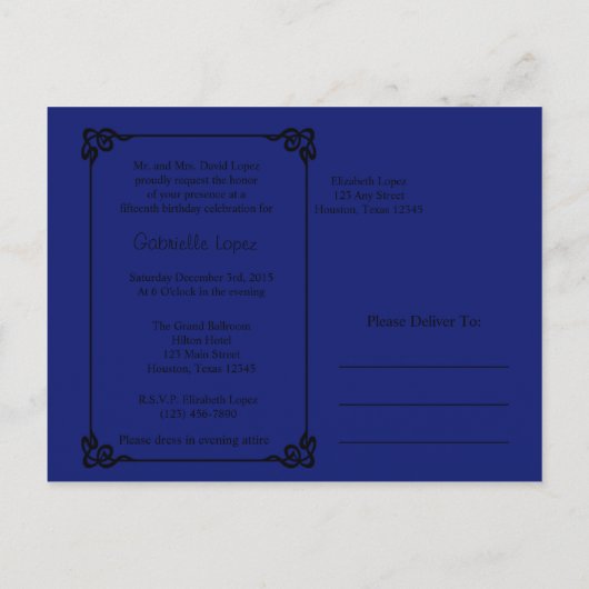 ブルー王室のバタフライガウンキンセアニェラ招待状 インビテーションポストカード (裏面)