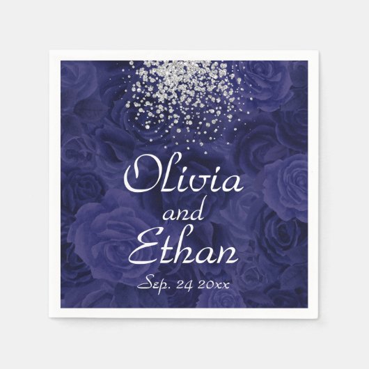 ブルー王室のバラとシルバーグリッター スタンダードカクテルナプキン (正面)
