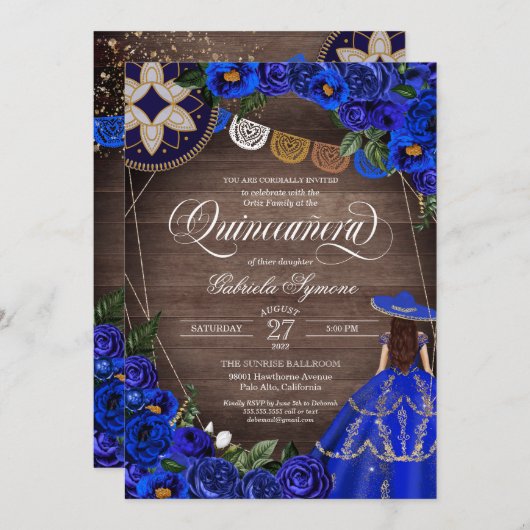 ブルー王室のバラウエスタンチャロ素朴キンセアニェラ  招待状 (正面/裏面)