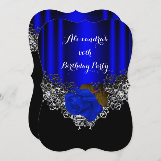 ブルー王室のバラバースデーパーティーレースブラックシルバー 招待状 (正面/裏面)