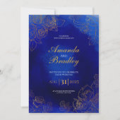 ブルー王室のバラファンシー金ゴールドレースQRコード結婚s 招待状 (正面)