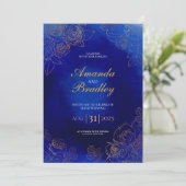 ブルー王室のバラファンシー金ゴールドレースQRコード結婚s 招待状 (スタンド正面)